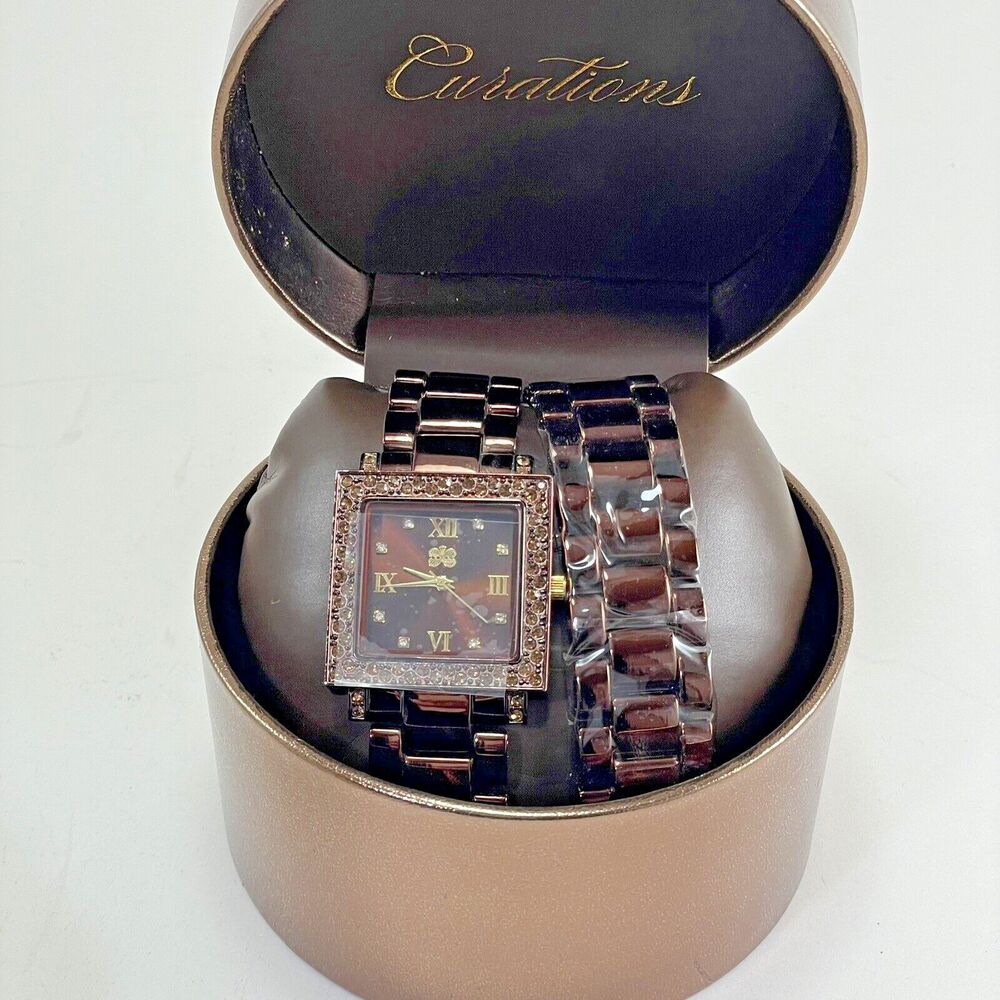 Accutime Curations Watch and Bracelet Set Size 7.5 Brown New/Needs Battery